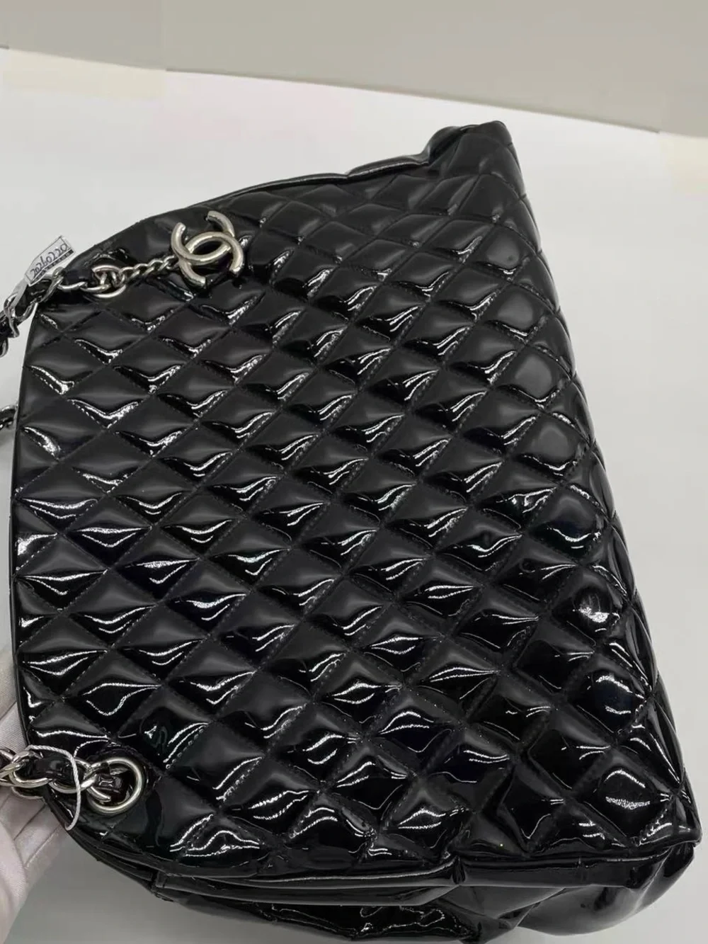 CHANEL Black Quilted Patent Shoulder Bag with Chain Strap and CC Charm
